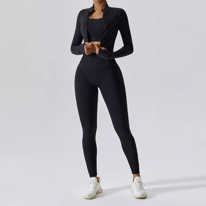 Workout Outfit ActiveWear 3 Pieces Workout Clothes Sports Bra High Waist Gym Leggings Long-Sleeved