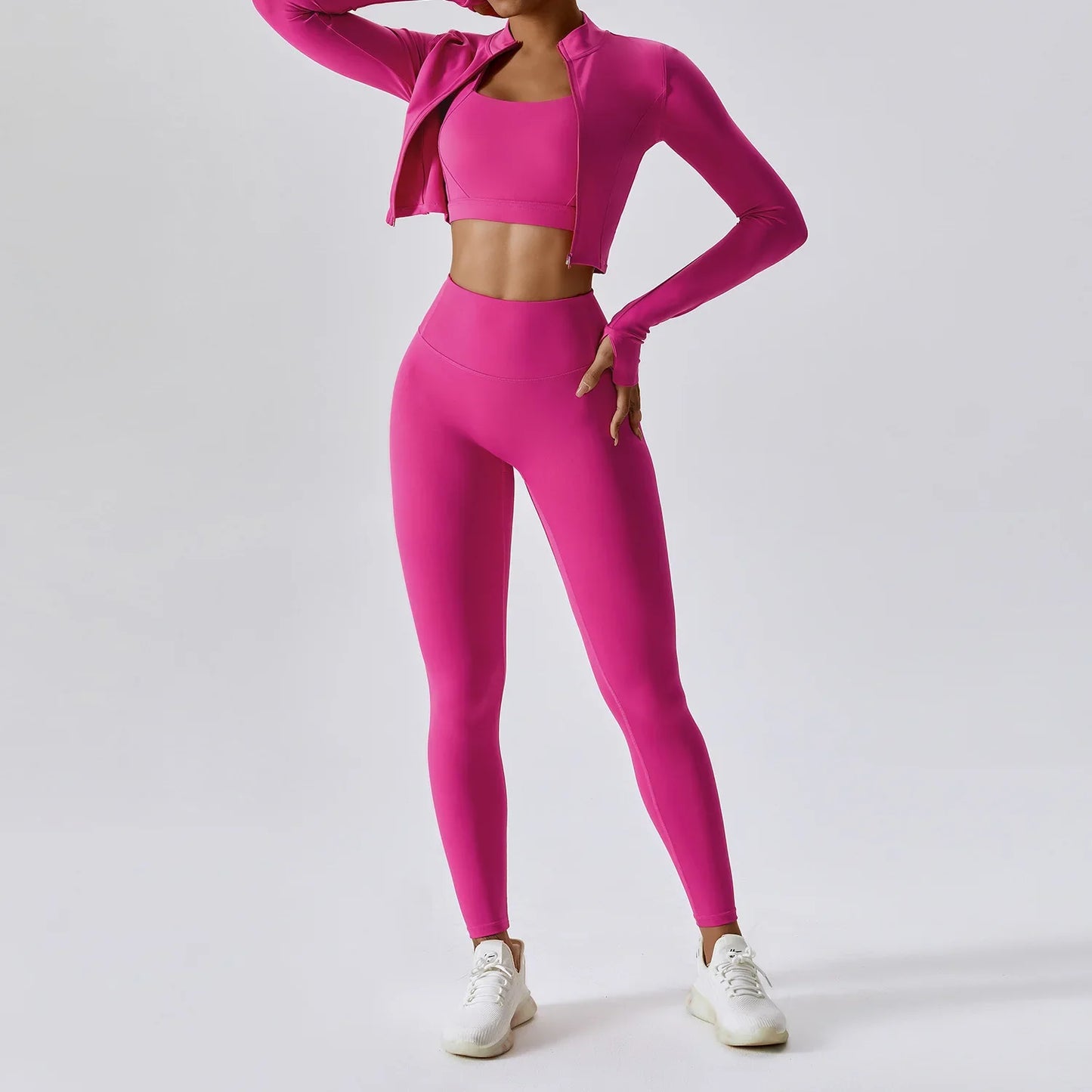Workout Outfit ActiveWear 3 Pieces Workout Clothes Sports Bra High Waist Gym Leggings Long-Sleeved