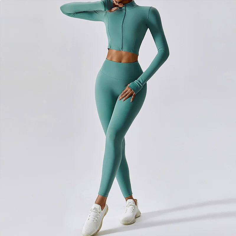 Workout Outfit ActiveWear 3 Pieces Workout Clothes Sports Bra High Waist Gym Leggings Long-Sleeved
